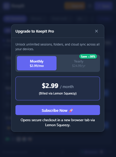 KeepIt Upgrade & Subscription Modal