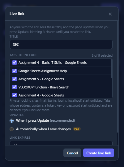 Choosing which tabs to include in a live link