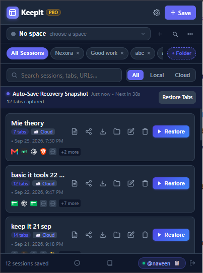 KeepIt popup with saved sessions, folders, search and the auto-save recovery snapshot